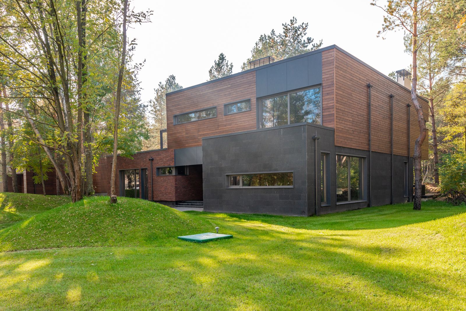 A contemporary timber and glass house set among tall trees.